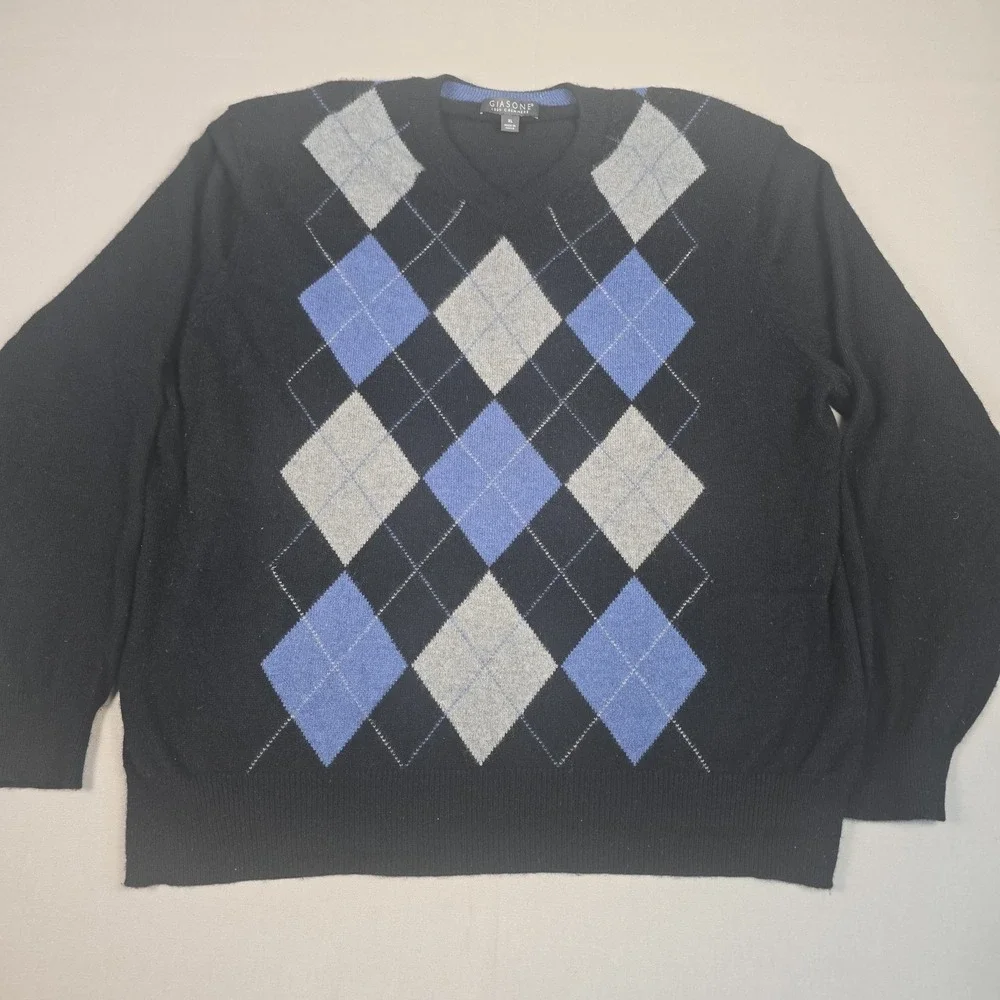 Giasone Cashmere Knit Argyle Crew Neck Pullover Sweater Black Gray Blue Men's XL
